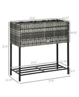 Outsunny Elevated Metal Raised Garden Bed with Rattan Wicker Look, Underneath Tool Storage Rack, Sophisticated Modern Design, Gray