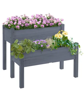 Outsunny 34" x 34" x 28" Raised Garden Bed 2-Tier Wooden Planter Box for Backyard, Patio to Grow Vegetables, Herbs and Flowers, Gray