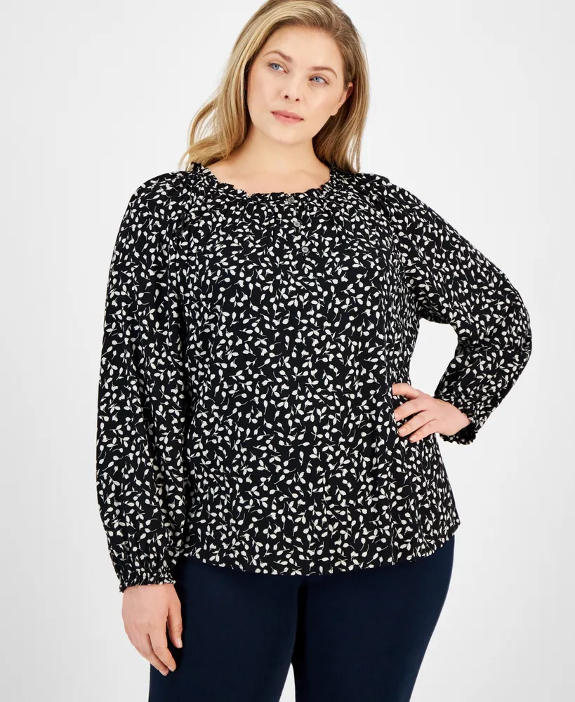 Style & Co Plus Size Printed Peasant Popover Top, Created for Macy's