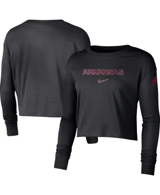 Women's Nike Black Arkansas Razorbacks 2-Hit Cropped Long Sleeve Logo T-shirt