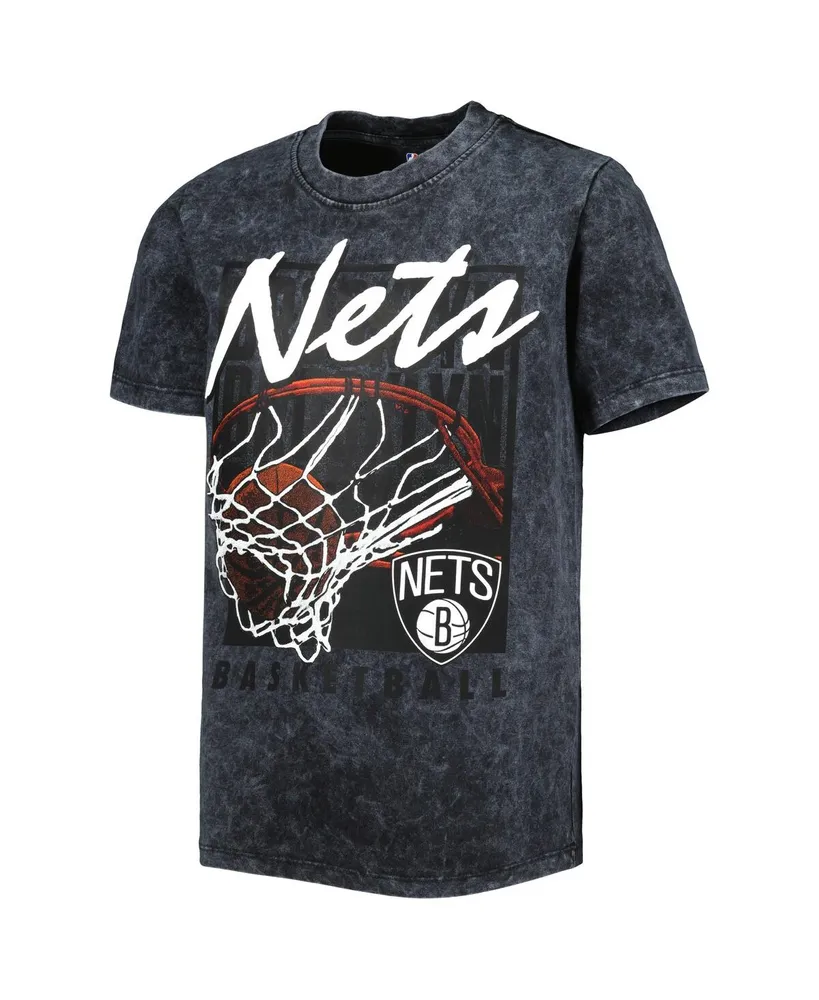 Big Boys and Girls Black Brooklyn Nets Mineral Wash Headliner T-shirt