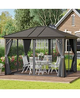 Outsunny 10'x12' Hardtop Gazebo, Mesh, Curtains, Steel Slat Canopy, Dark