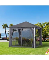 Outsunny Patio Gazebo 10' x 10' Outdoor Soft Top Canopy Tent with Zippered Mesh Sidewalls, Privacy Curtains, Netting, Dark Grey