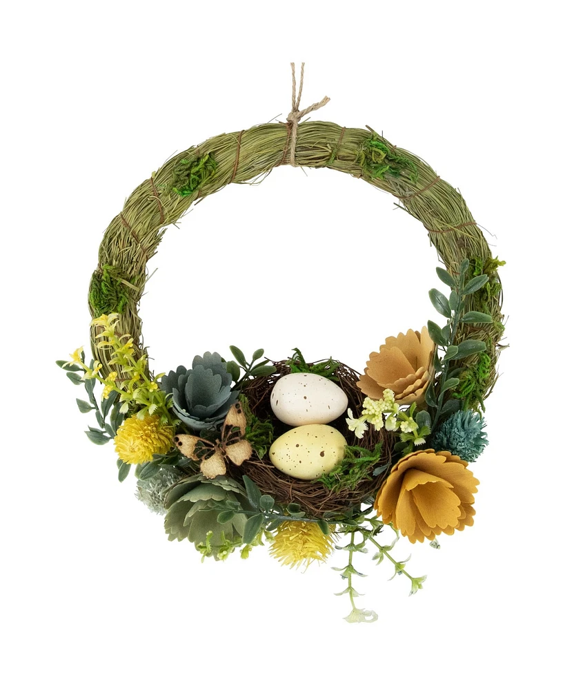 9" Easter Egg and Bird Nest Wreath with Wooden Flowers