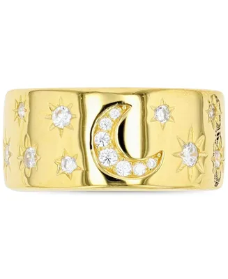 Cubic Zirconia Crescent Moon & Stars Wide Width Band 14k Gold-Plated Sterling Silver