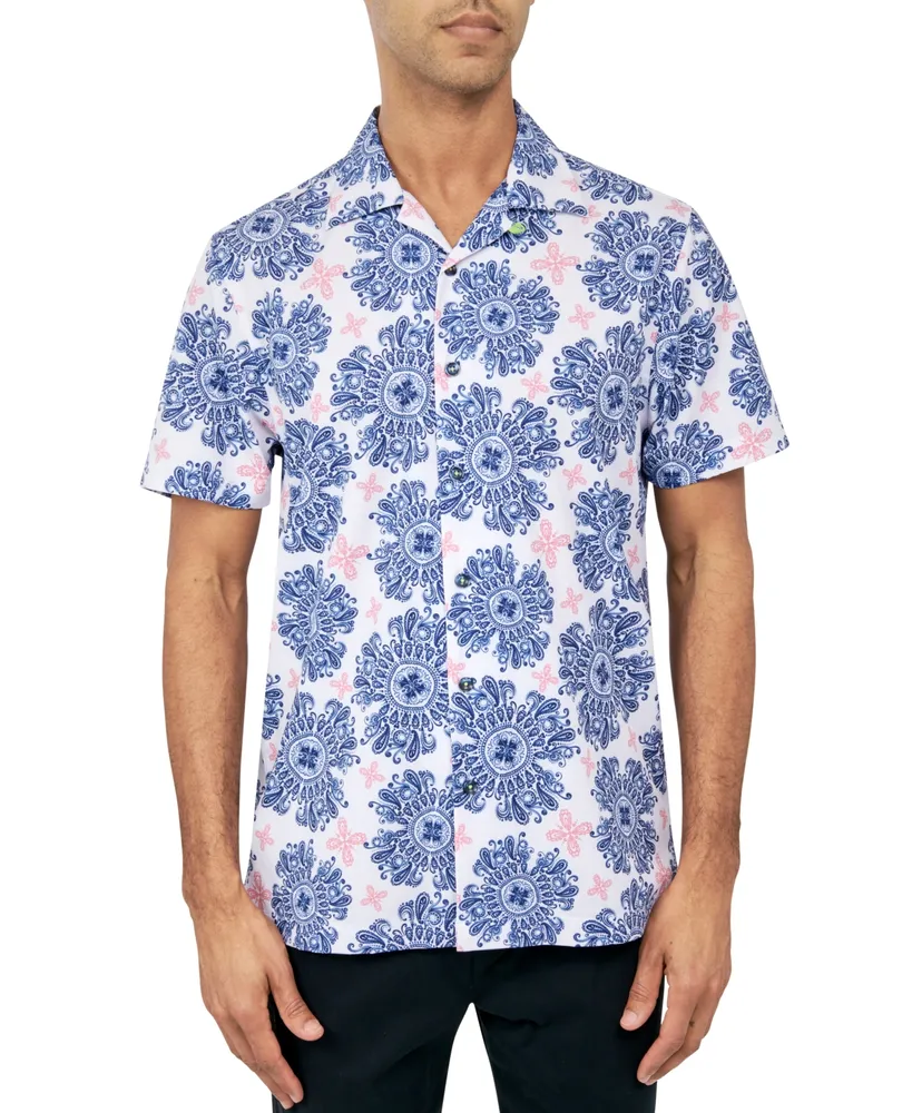 Society Of Threads Men's Regular-Fit Non-Iron Performance Stretch Medallion Print Camp Shirt