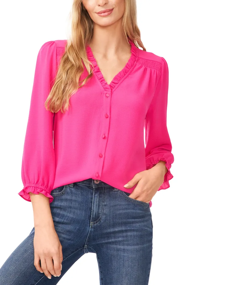 CeCe Women's Ruffled Button Front 3/4-Sleeve Blouse