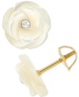 Children's Mother of Pearl & Crystal Flower Stud Earrings in 14k Gold