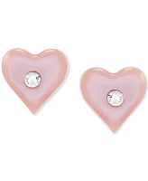 Children's Pink Mother of Pearl & Crystal Heart Stud Earrings in 14k Gold