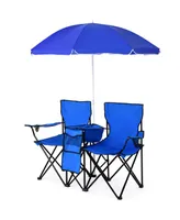 Costway Portable Folding Picnic Double Chair W/Umbrella Table