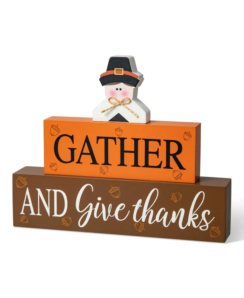 Glitzhome 9.5" L Thanksgiving Wooden Pilgrim Table Block Sign