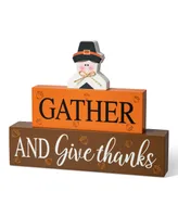 Glitzhome 9.5" L Thanksgiving Wooden Pilgrim Table Block Sign