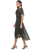 Dkny Women's Printed Flutter-Sleeve Fit & Flare Dress