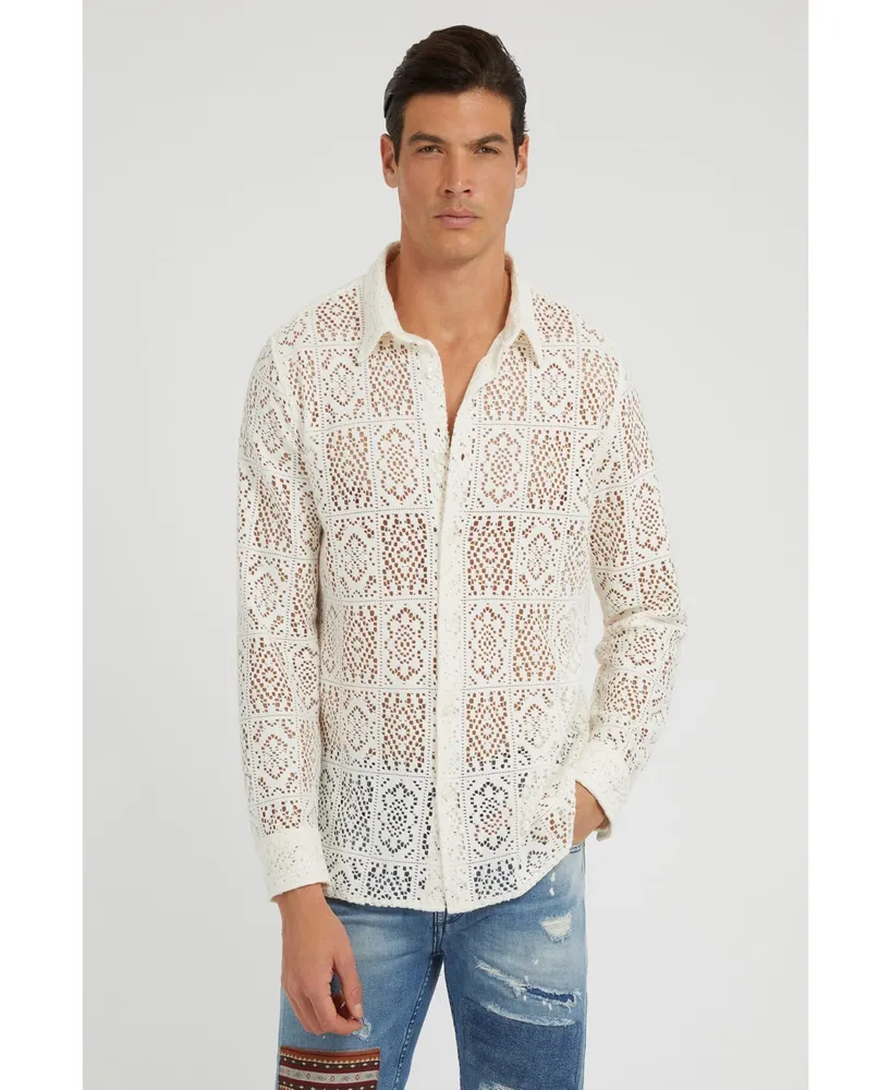 Guess Men's Long Sleeve Craft Crochet Shirt