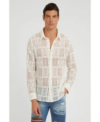 Guess Men's Long Sleeve Craft Crochet Shirt