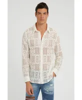 Guess Men's Long Sleeve Craft Crochet Shirt