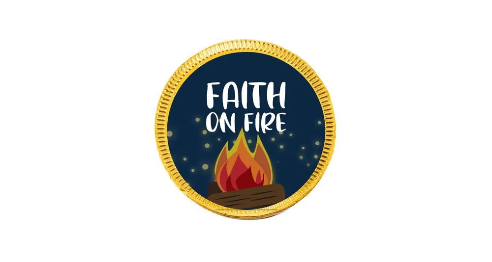 84ct Vacation Bible School Candy Religious Party Favors Chocolate Coins Faith on Fire (84 Count) - Gold Foil - By Just Candy