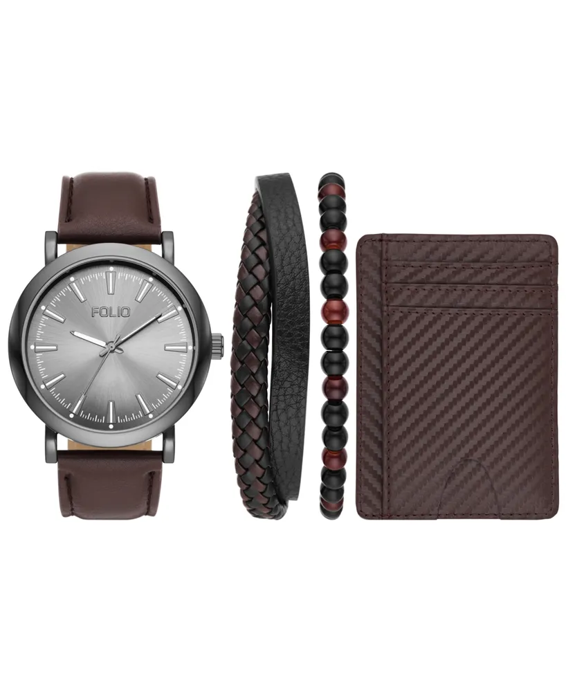 Folio Men's Three Hand Gunmetal 46mm Watch, Bracelet and Card Holder Gift Set, 4 Pieces