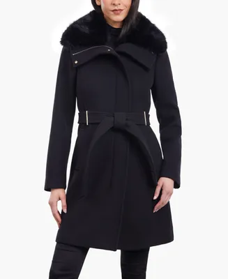 Michael Kors Women's Petite Belted Faux-Fur-Collar Coat