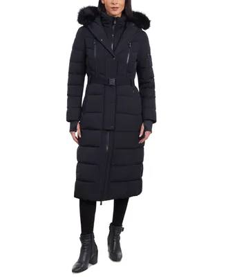 Michael Michael Kors Women's Belted Faux-Fur-Trim Hooded Maxi Puffer Coat