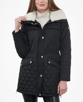 Michael Kors Women's Petite Faux-Fur-Collar Quilted Coat