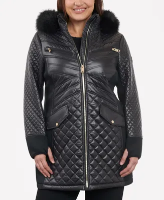 Michael Michael Kors Women's Plus Size Faux-Fur-Trim Hooded Quilted Coat