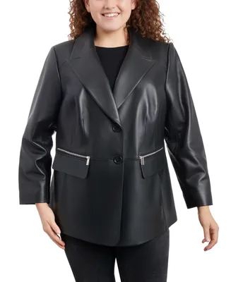 Anne Klein Women's Plus Size Zip-Pocket Leather Blazer Coat