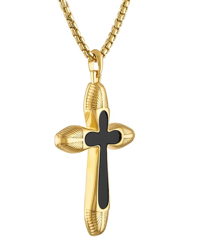 Bulova Men's Icon Black Agate Cross Pendant Necklace in 14k Gold-Plated Sterling Silver, 24" + 2" extender