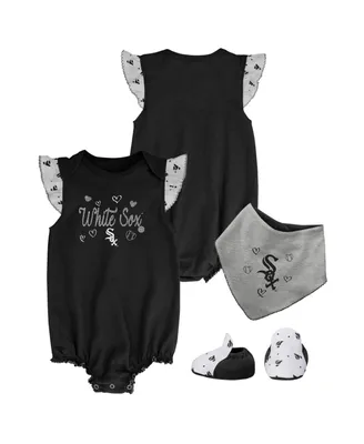 Girls Newborn and Infant Black Chicago White Sox 3-Piece Home Plate Bodysuit, Bib Booties Set