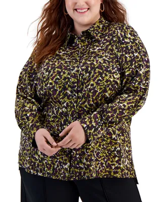 Bar Iii Plus Size Printed Button-Front Long-Sleeve Shirt, Created for Macy's