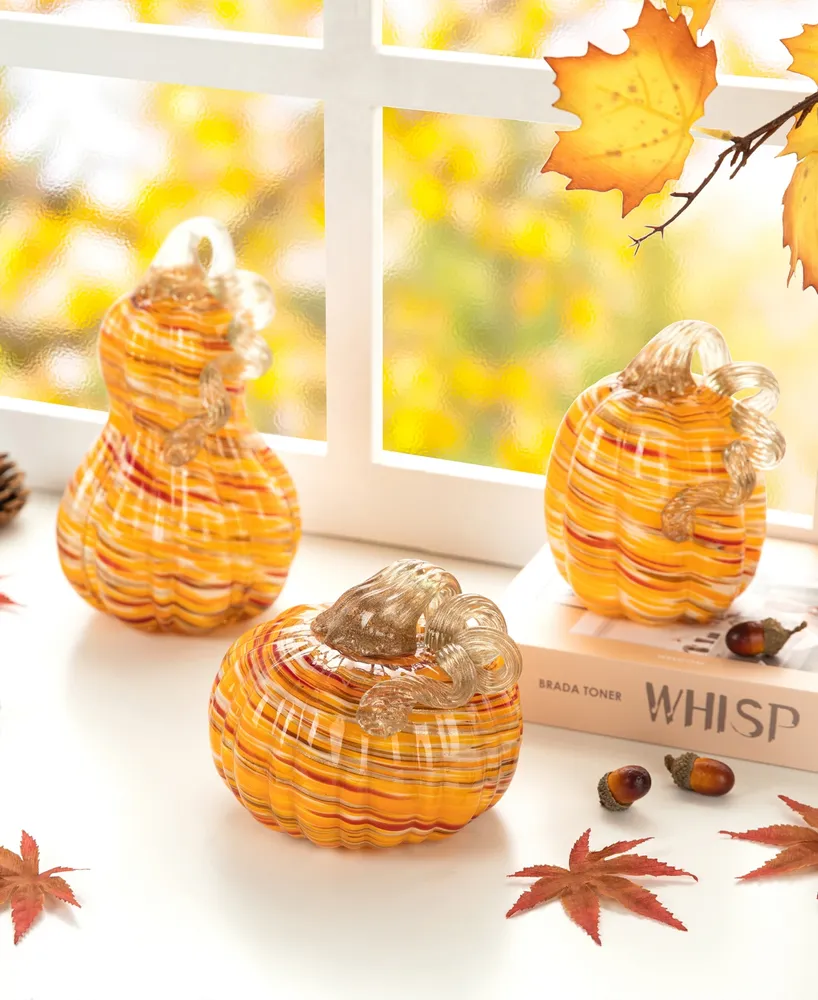 Glitzhome Multi Stripes Glass Pumpkin Gourd, Set of 3