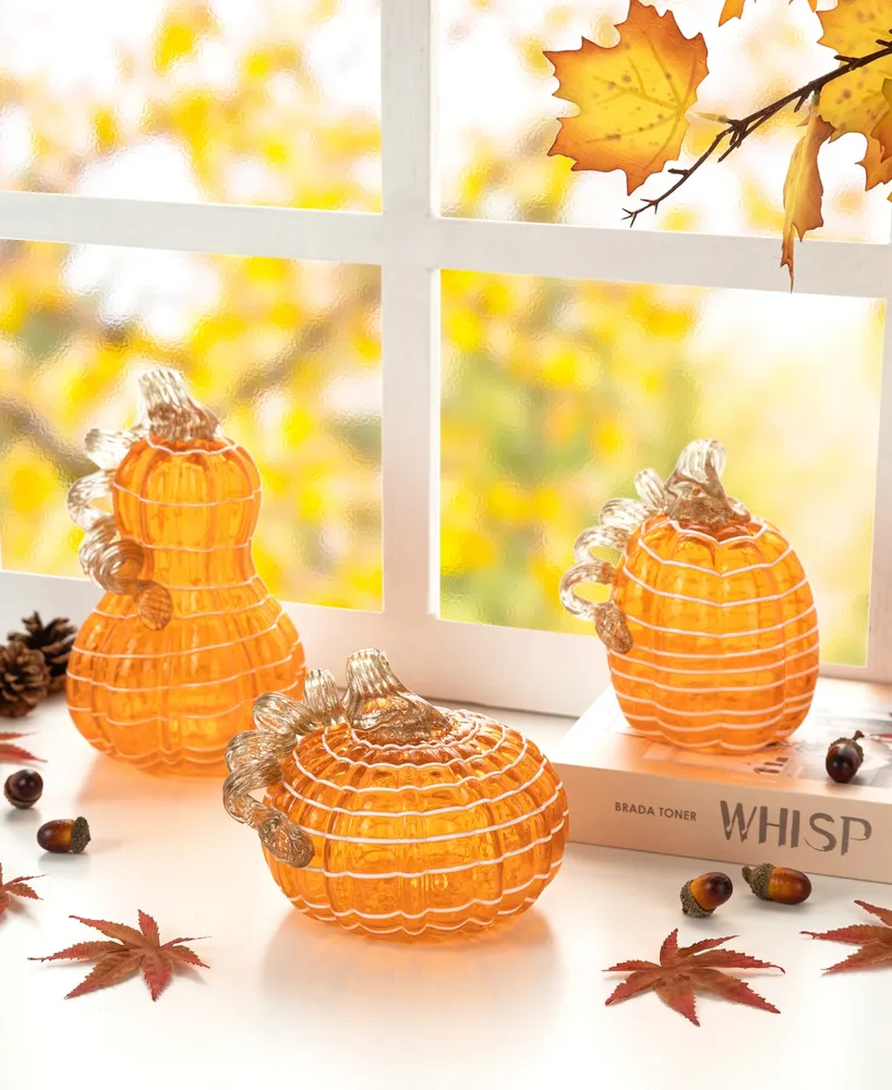 Glitzhome White Lines Glass Pumpkin Gourd, Set of 3