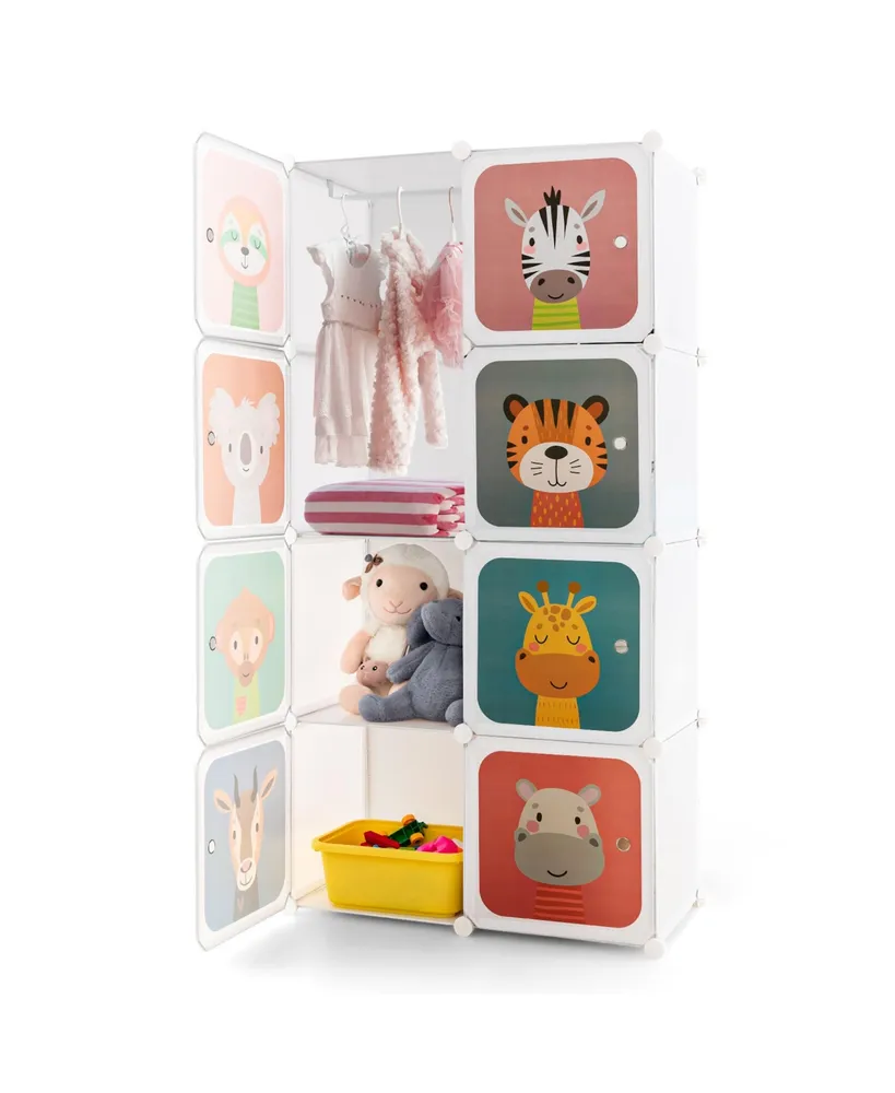 Costway 8-Cube Kids Wardrobe Baby Dresser Bedroom Armoire Clothes Hanging Closet with Doors