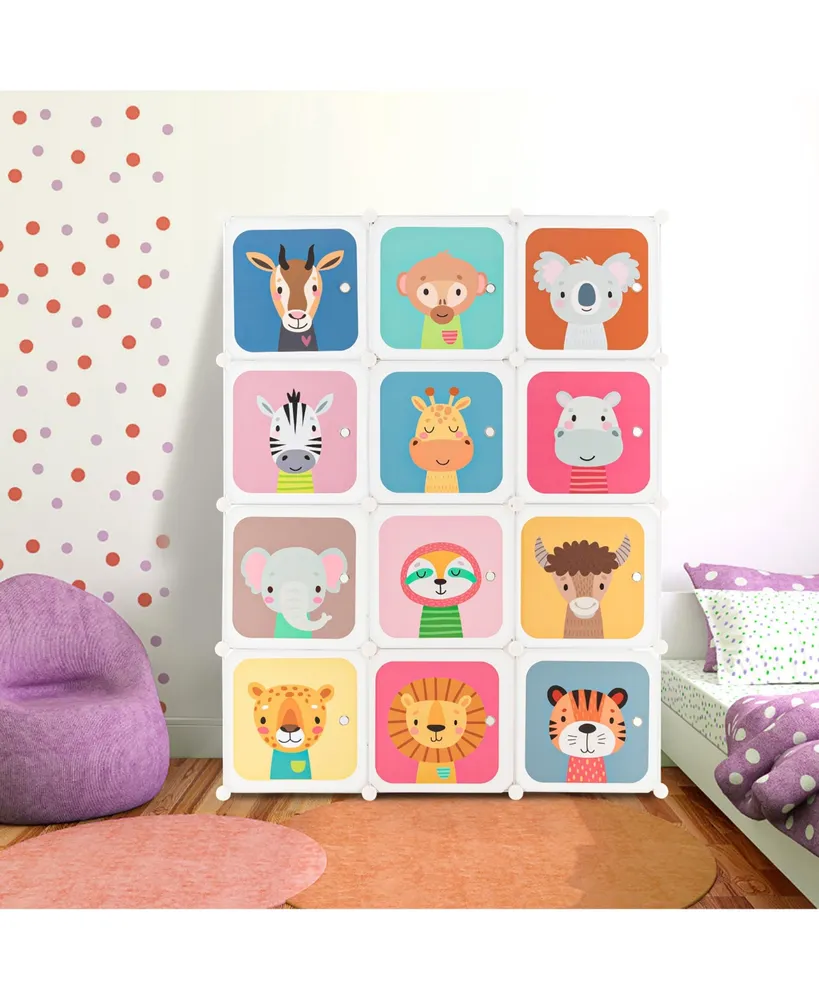 12-Cube Kids Wardrobe Baby Dresser Bedroom Armoire Clothes Hanging Closet with Door