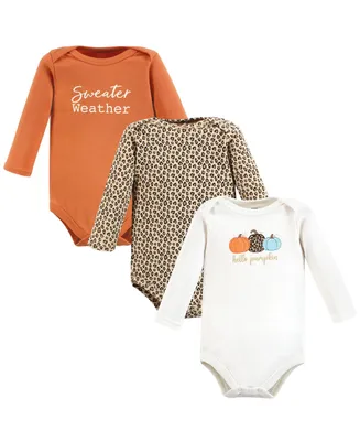 Hudson Baby Baby Girls Cotton Long-Sleeve Bodysuits, Leopard Pumpkin, 3-Pack