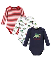 Hudson Baby Boys Unisex Cotton Long-Sleeve Bodysuits, Christmasaurus, 3-Pack