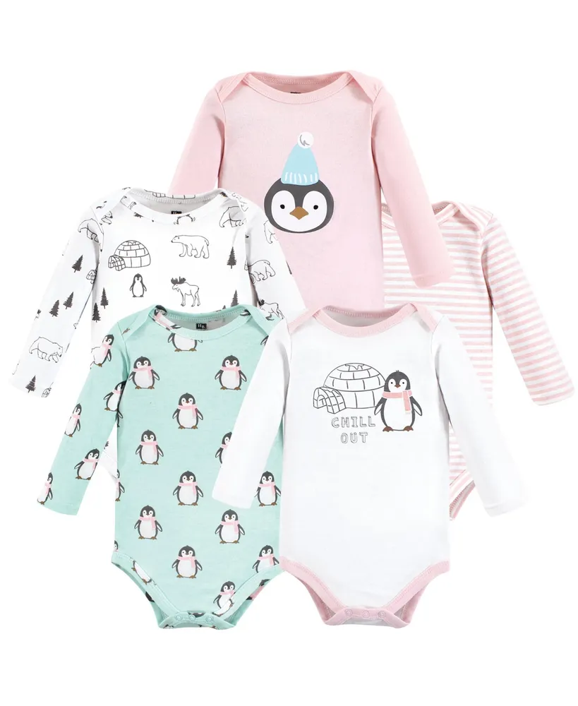 Hudson Baby Baby Girls Cotton Long-Sleeve Bodysuits Penguin, 5-Pack