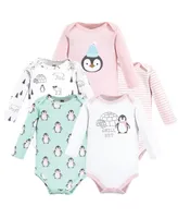 Hudson Baby Girls Cotton Long-Sleeve Bodysuits Penguin, 5-Pack