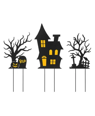 Glitzhome 24" H Halloween Metal Haunted House and Ghost Tree Yard Stake Decor, Set of 3