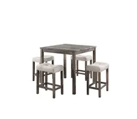 Lucian Brown 5 Piece Counter Height 36" Pub Table Set with Tufted Creamy White Linen Stools