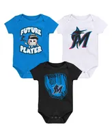 Newborn and Infant Boys Girls Blue, Black, White Miami Marlins Minor League Player Three-Pack Bodysuit Set