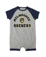 Newborn and Infant Boys Girls Heather Gray Milwaukee Brewers Extra Base Hit Raglan Full-Snap Romper