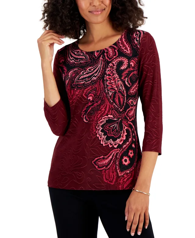 Jm Collection Women's Printed 3/4-Sleeve Jacquard Swing Top, Created for  Macy's