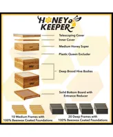 Honey Keeper Beehive 10 Frame Complete Box Kit Coated in 100% Beeswax (Waxed Boxes, 2 Deep and 1 Medium) with Wooden Frames and Waxed Foundations for