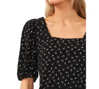 CeCe Women's Printed Square-Neck Puff-Sleeve Knit Top