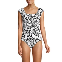 Lands' End Women's D-Cup Tummy Control Cap Sleeve X-Back One Piece Swimsuit