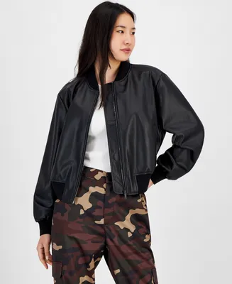Bar Iii Petite Faux-Leather Bomber Jacket, Created for Macy's
