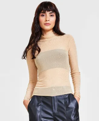 Bar Iii Women's Sheer Mock-Neck Rhinestone Top, Created for Macy's