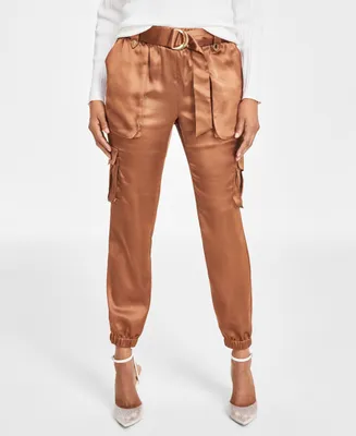 I.n.c. International Concepts Women's High-Rise Belted Satin Cargo Pants, Regular & Petite