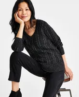 Style & Co Women's V-Neck Shine Cable-Knit Long-Sleeve Sweater, Regular Petite, Created for Macy's